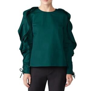 Petersyn Saint Top Teal Ruffle Lace Up Long Sleeve Cotton Blue Green Medium